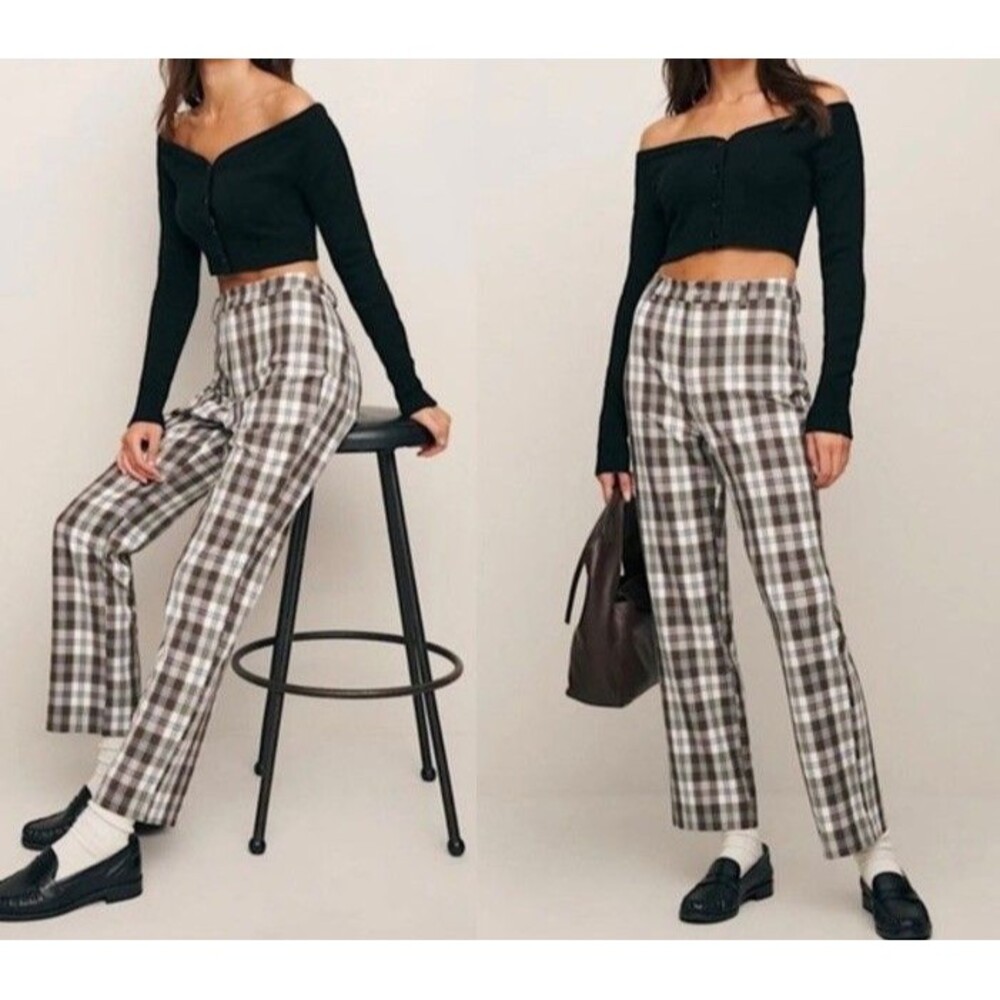Reformation Y2K Women’s Franklin brown Plaid Straight Leg Pants Rayon Sz 2 - Picture 1 of 16